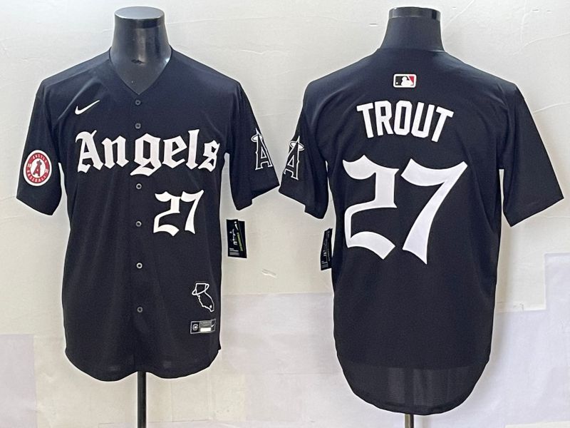 Men 2025 Los Angeles Angels #27 Trout Black Five generations Joint Name Nike MLB Jersey style 14